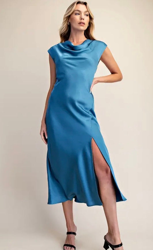 Short sleeve cowl neck slip dress