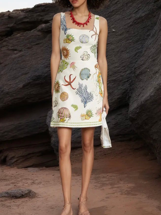 Square-neck Seashell & Starfish Summer Shift Dress