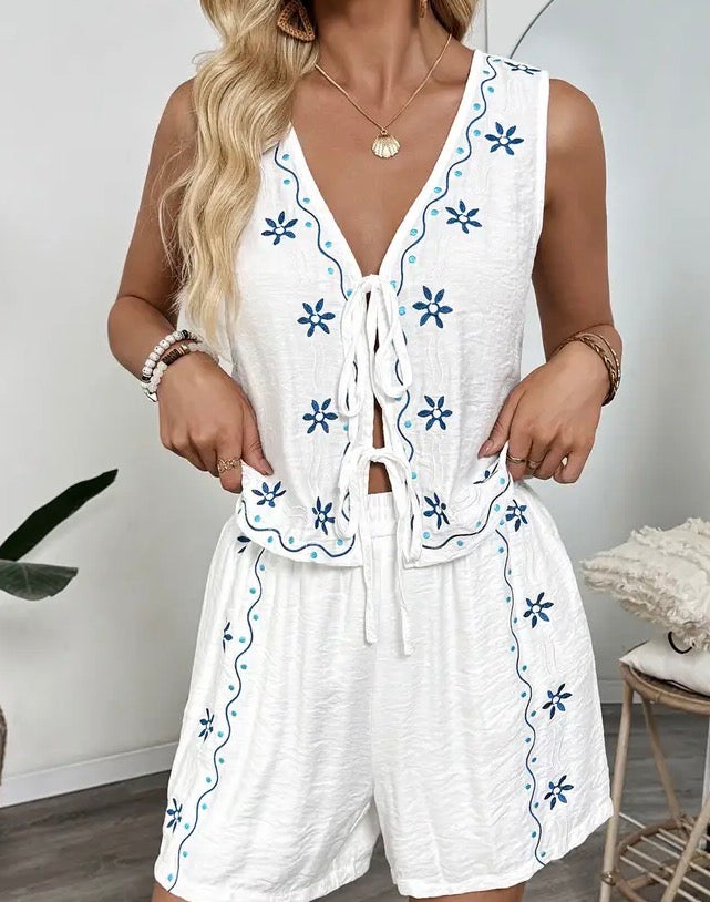 White Embroidered Tie front shirt and short set