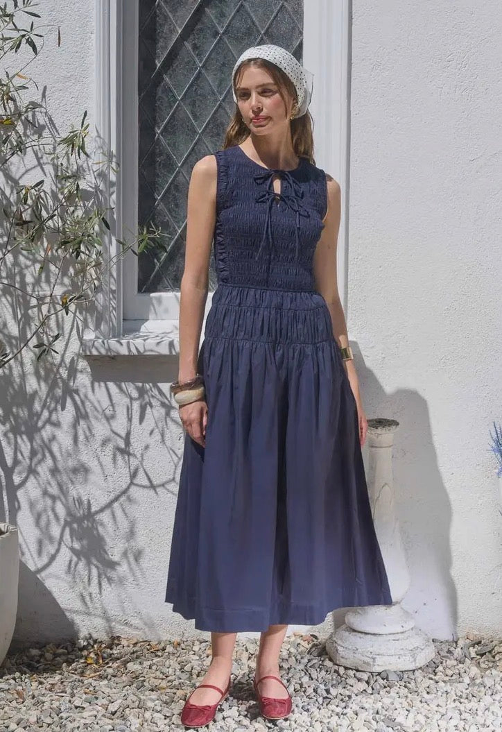 Sleeveless Smocked Shirred Waist Midi