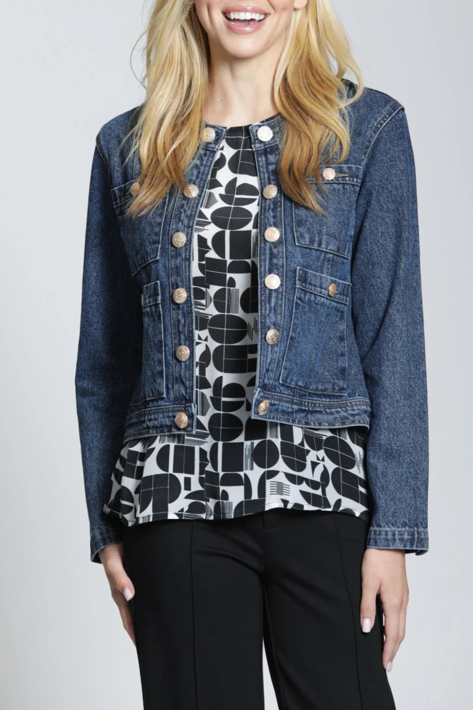 Collarless Denim Gold Buttons Jacket APNY